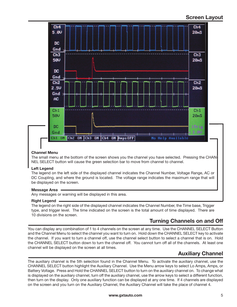 Screen layout, Turning channels on and off, Auxiliary channel | GxT Ferret 92 Color Labscope User Manual | Page 5 / 24