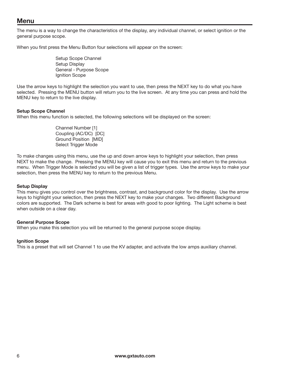 Menu | GxT Ferret 92 Color Labscope User Manual | Page 6 / 24