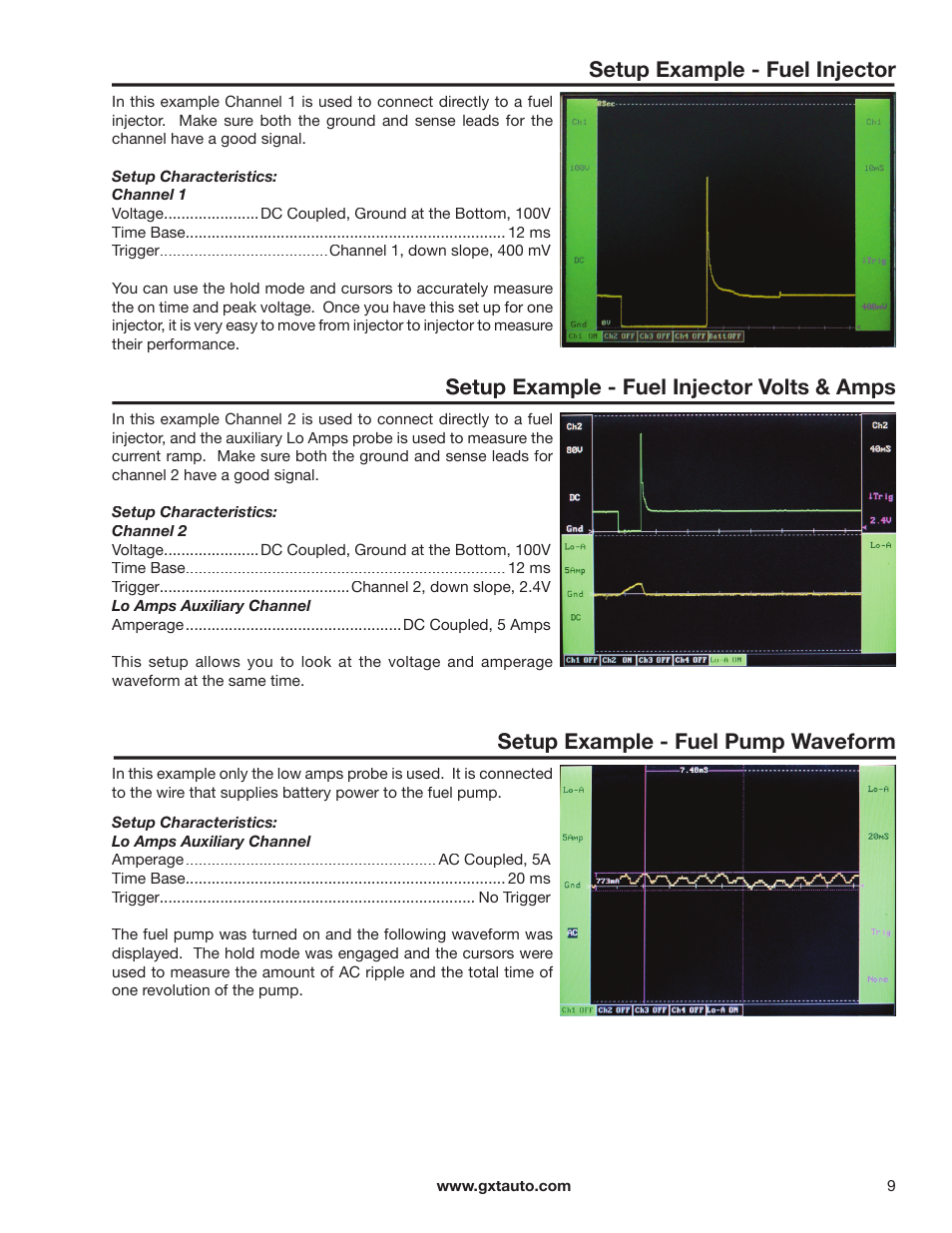 Setup example - fuel injector, Setup example - fuel injector volts & amps, Setup example - fuel pump waveform | GxT Ferret 92 Color Labscope User Manual | Page 9 / 24