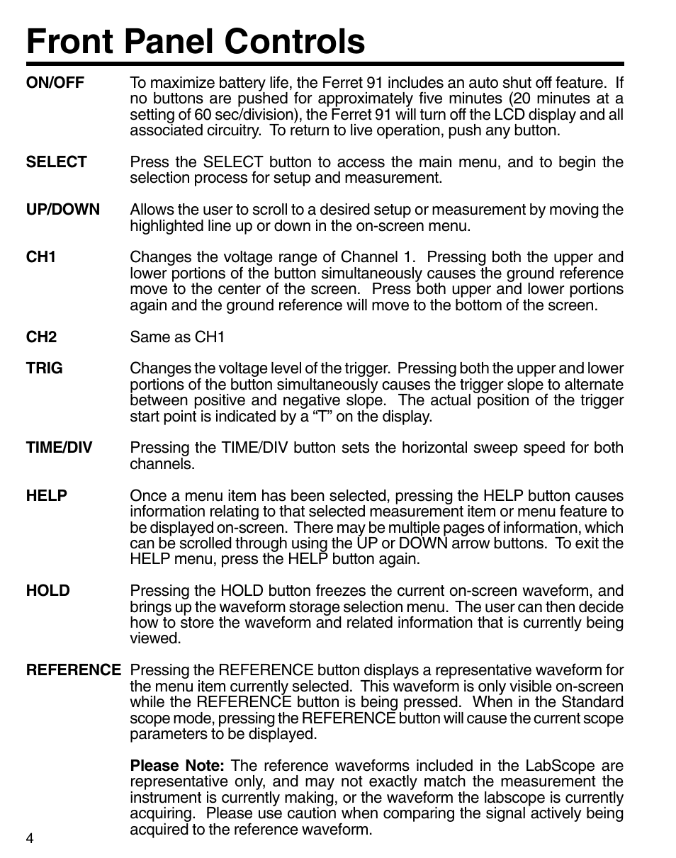 Front panel controls | GxT Ferret 91 2-Channel Labscope User Manual | Page 4 / 23