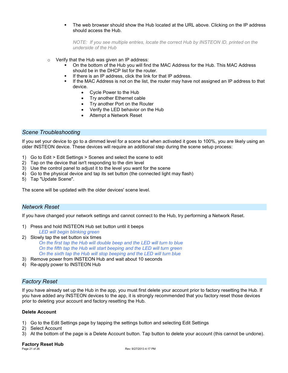 Scene troubleshooting, Network reset, Factory reset | INSTEON Hub - 2242-222 (US), 2242-422 (EU), 2242-442 (UK), 2242-522 (AUS/NZ) Manual User Manual | Page 21 / 26