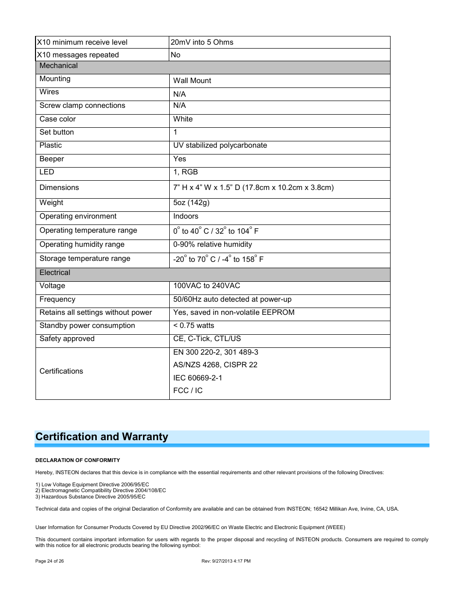 Certification and warranty, Declaration of conformity | INSTEON Hub - 2242-222 (US), 2242-422 (EU), 2242-442 (UK), 2242-522 (AUS/NZ) Manual User Manual | Page 24 / 26