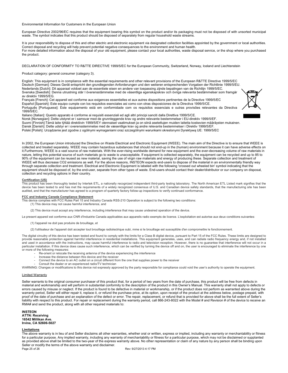 Certification (us), Fcc and industry canada compliance statement, Limitations | INSTEON Hub - 2242-222 (US), 2242-422 (EU), 2242-442 (UK), 2242-522 (AUS/NZ) Manual User Manual | Page 25 / 26