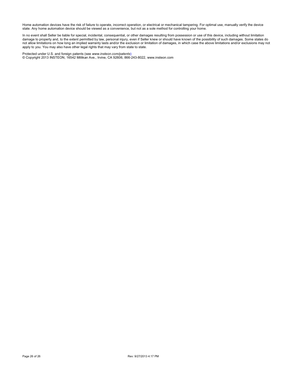 INSTEON Hub - 2242-222 (US), 2242-422 (EU), 2242-442 (UK), 2242-522 (AUS/NZ) Manual User Manual | Page 26 / 26