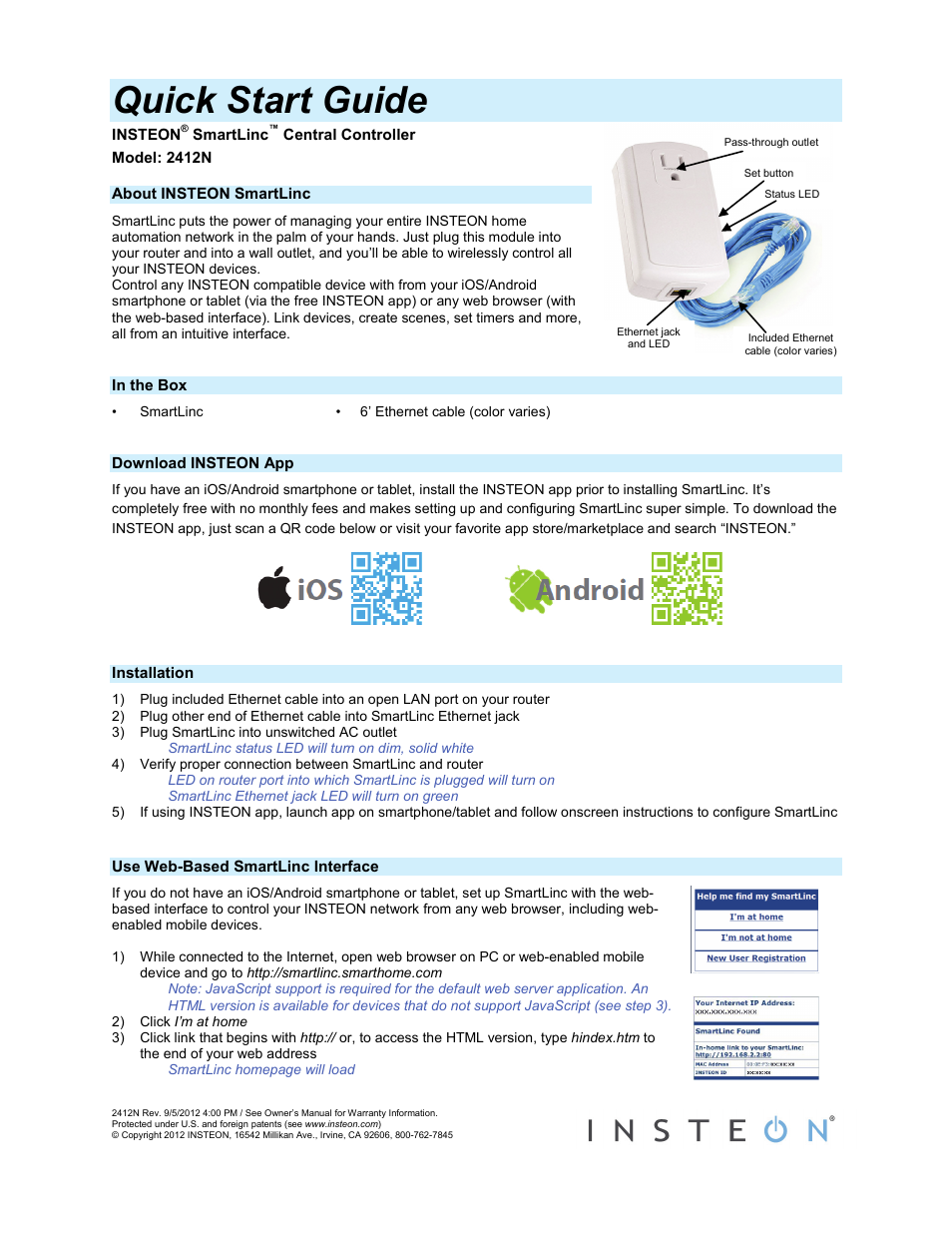 INSTEON SmartLinc (2412N) Quick Start User Manual | 3 pages