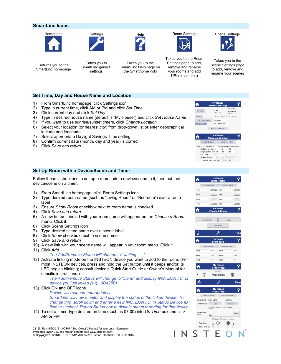 Smartlinc icons, Set time, day and house name and location, Set up room with a device/scene and timer | INSTEON SmartLinc (2412N) Quick Start User Manual | Page 2 / 3