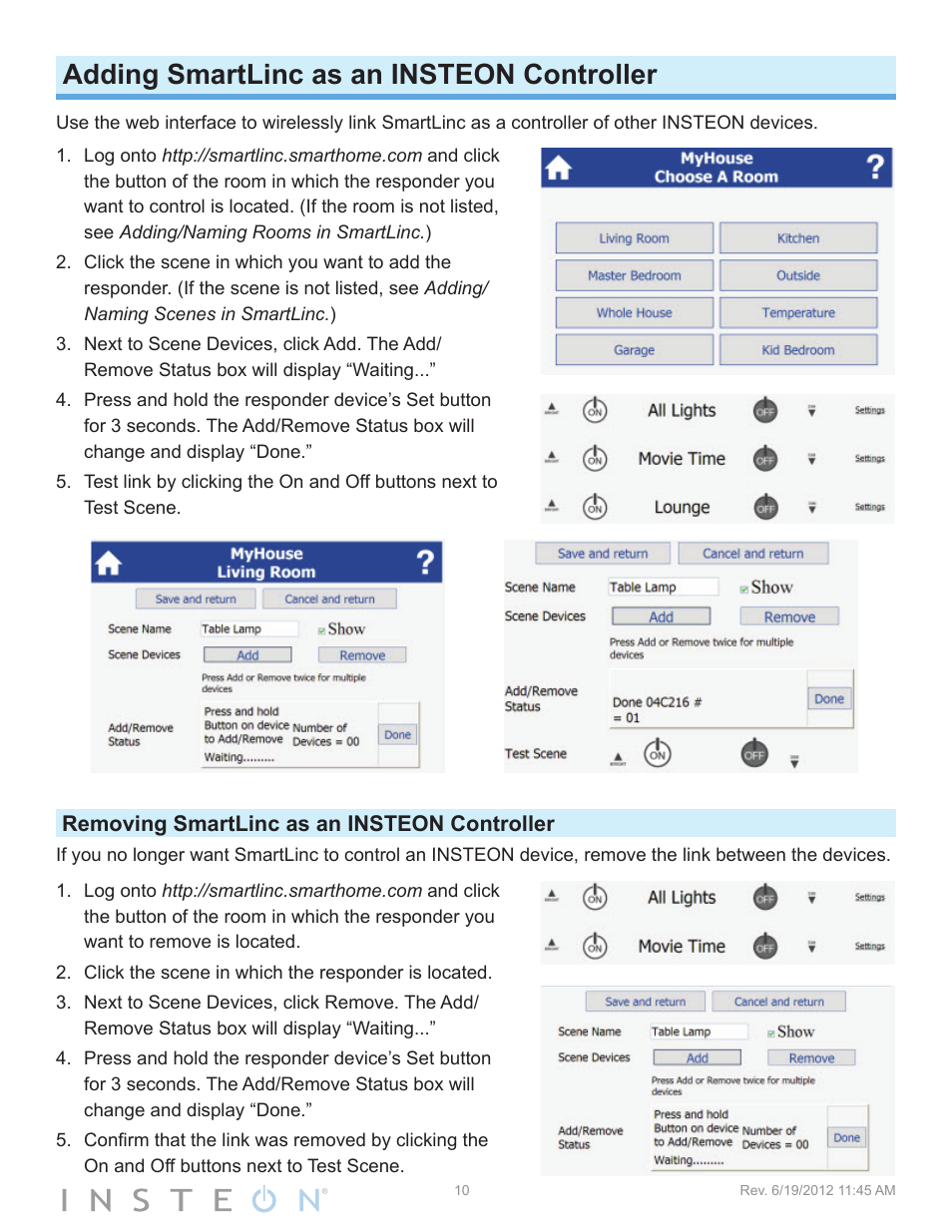 Adding smartlinc as an insteon controller, Removing smartlinc as an insteon controller | INSTEON SmartLinc (2412N) Manual User Manual | Page 10 / 20