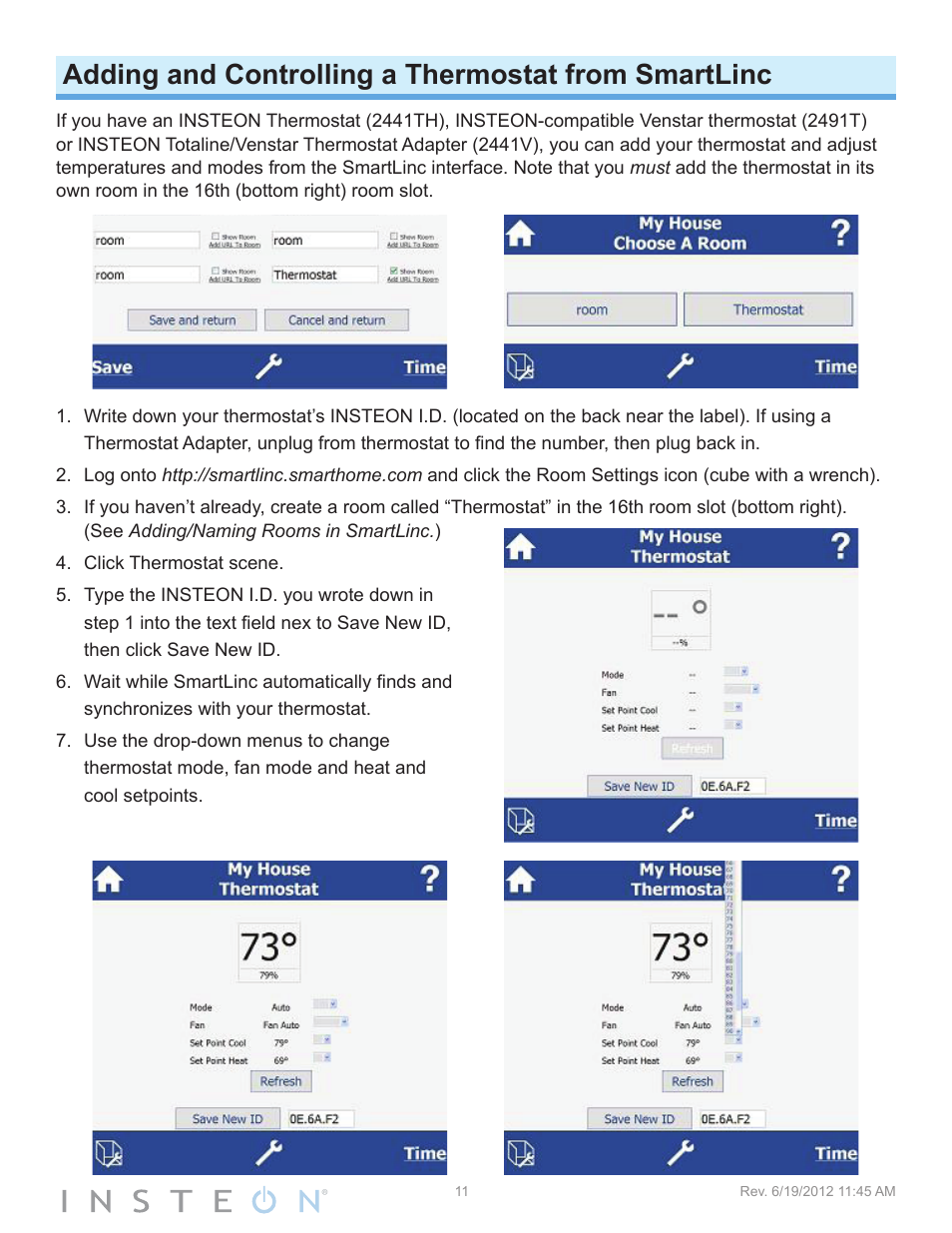 Adding and controlling a thermostat from smartlinc | INSTEON SmartLinc (2412N) Manual User Manual | Page 11 / 20