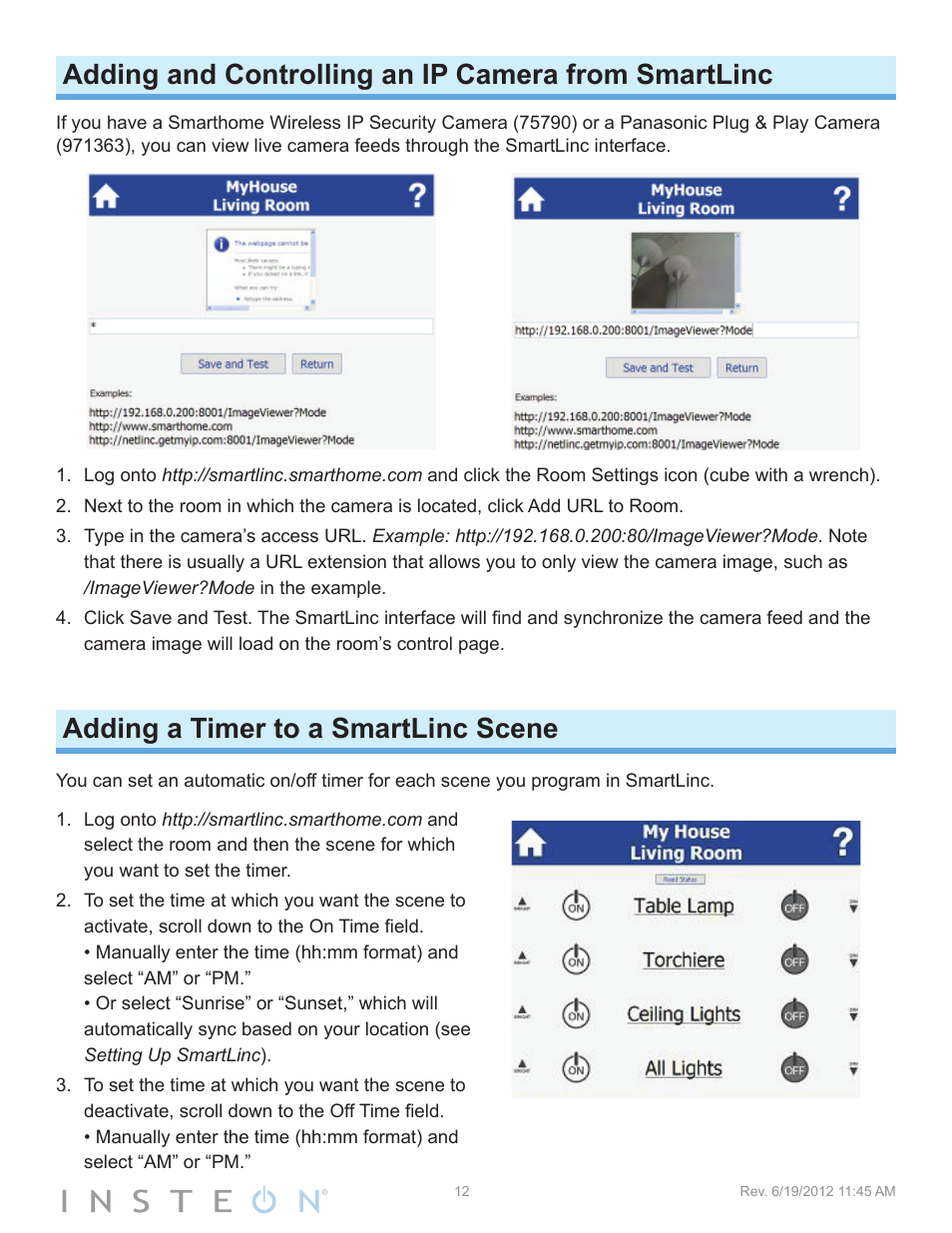 Adding and controlling an ip camera from smartlinc, Adding a timer to a smartlinc scene | INSTEON SmartLinc (2412N) Manual User Manual | Page 12 / 20