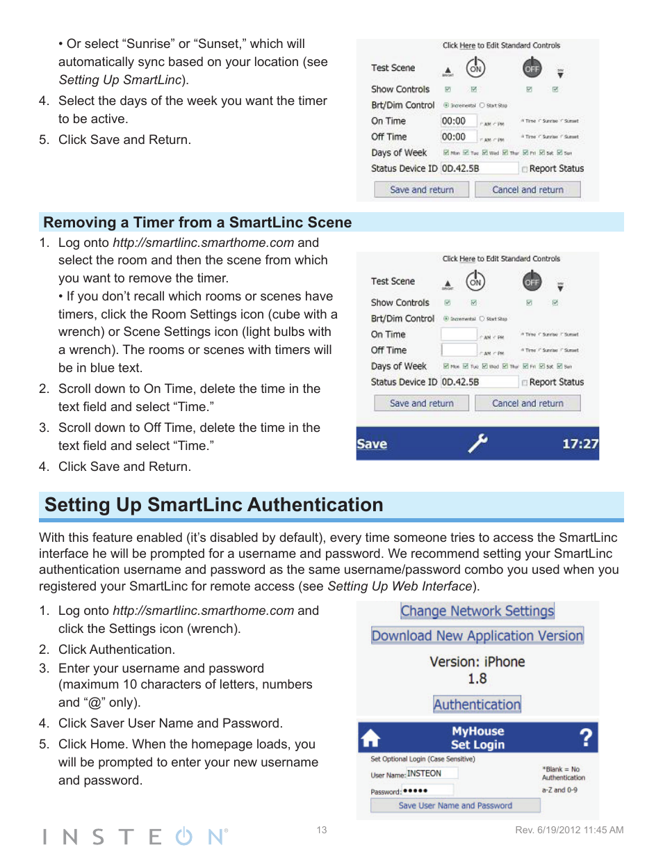 Removing a timer from a smartlinc scene, Setting up smartlinc authentication | INSTEON SmartLinc (2412N) Manual User Manual | Page 13 / 20