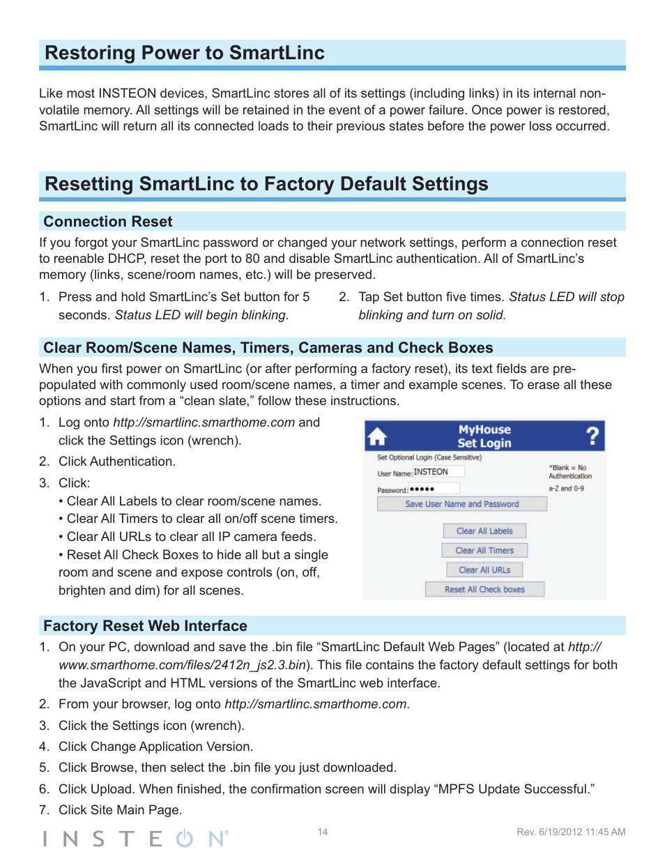 Connection reset, Factory reset web interface, Restoring power to smartlinc | Resetting smartlinc to factory default settings | INSTEON SmartLinc (2412N) Manual User Manual | Page 14 / 20