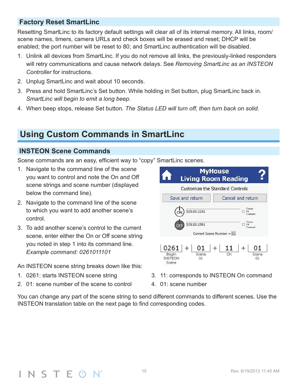 Factory reset smartlinc, Using custom commands in smartlinc, Insteon scene commands | INSTEON SmartLinc (2412N) Manual User Manual | Page 15 / 20