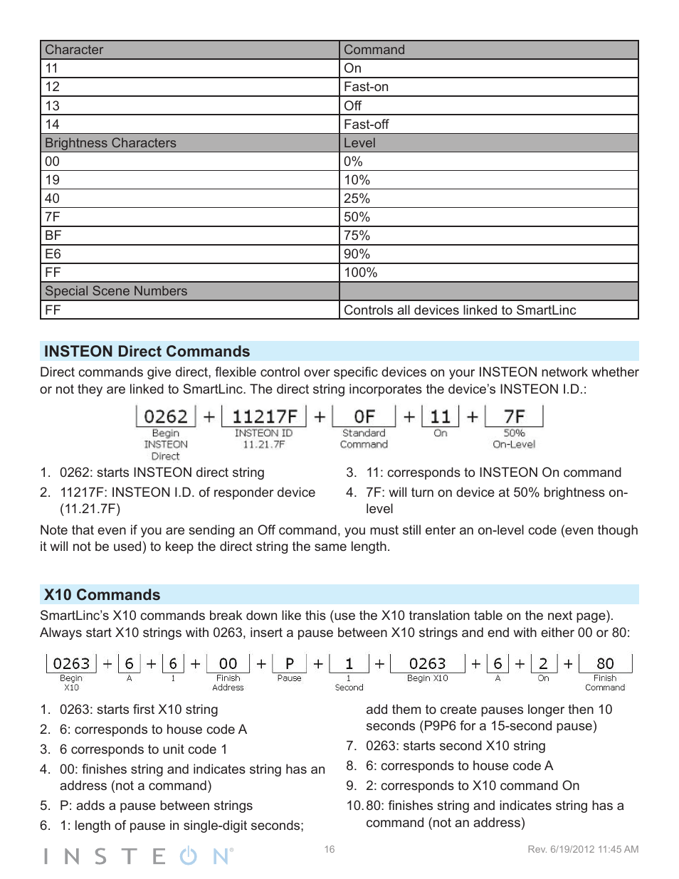 Insteon direct commands, X10 commands | INSTEON SmartLinc (2412N) Manual User Manual | Page 16 / 20