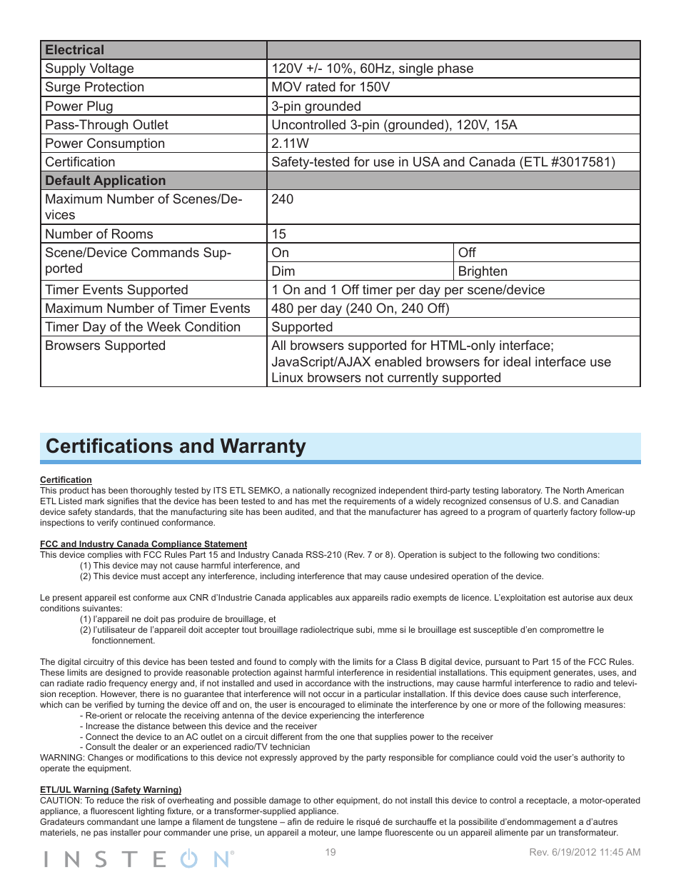 Certification and warranty, Certifications and warranty | INSTEON SmartLinc (2412N) Manual User Manual | Page 19 / 20