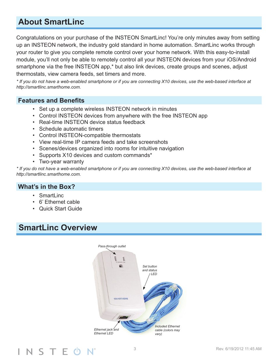 About smartlinc, Features and benefits, What’s in the box | Smartlinc overview | INSTEON SmartLinc (2412N) Manual User Manual | Page 3 / 20