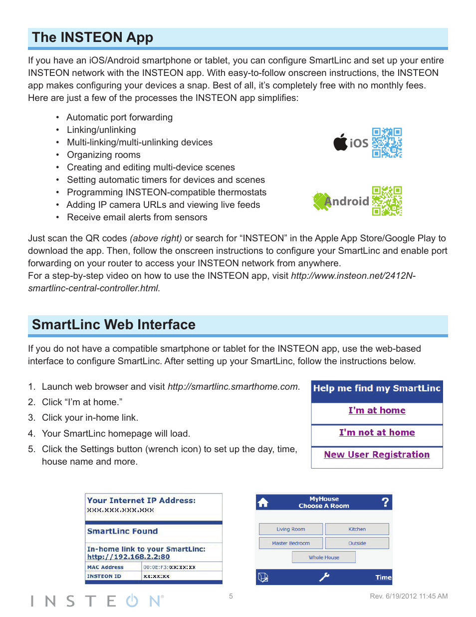 The insteon app smartlinc web interface, The insteon app, Smartlinc web interface | Ios andr oid | INSTEON SmartLinc (2412N) Manual User Manual | Page 5 / 20
