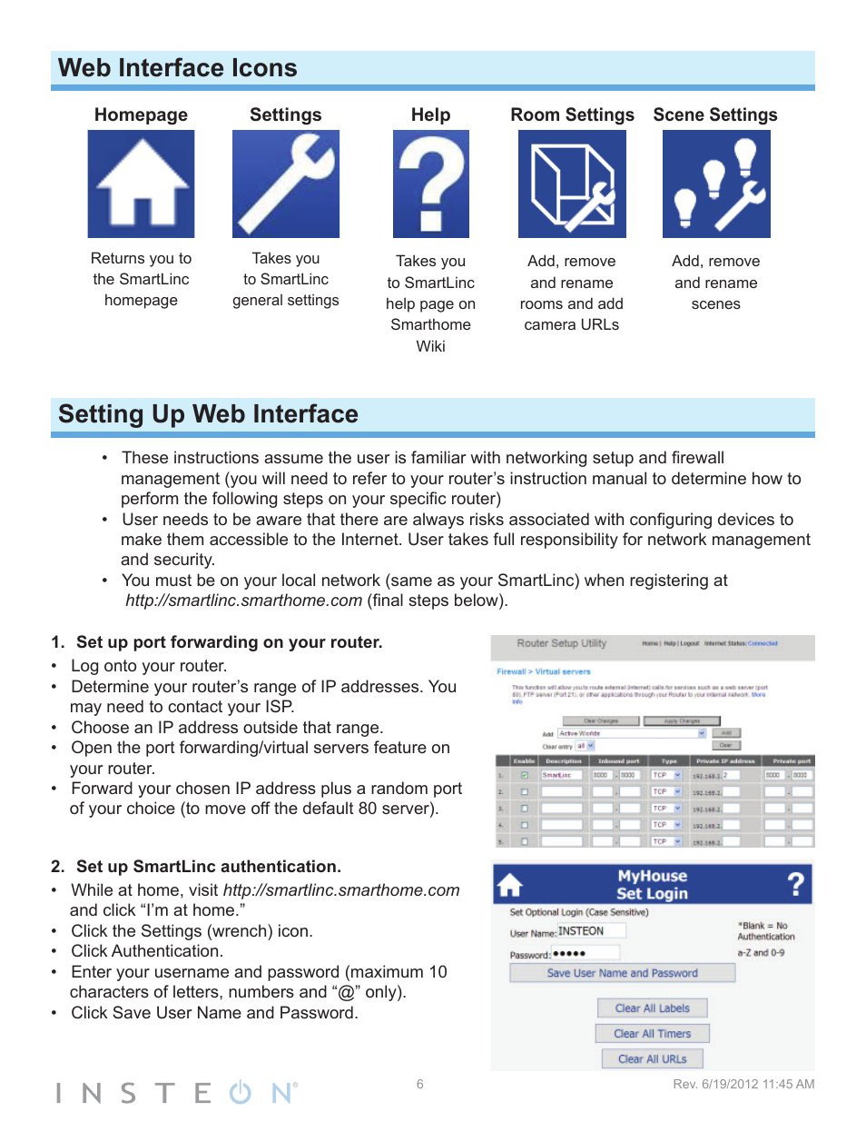 Web interface icons setting up web interface, Web interface icons, Setting up web interface | INSTEON SmartLinc (2412N) Manual User Manual | Page 6 / 20