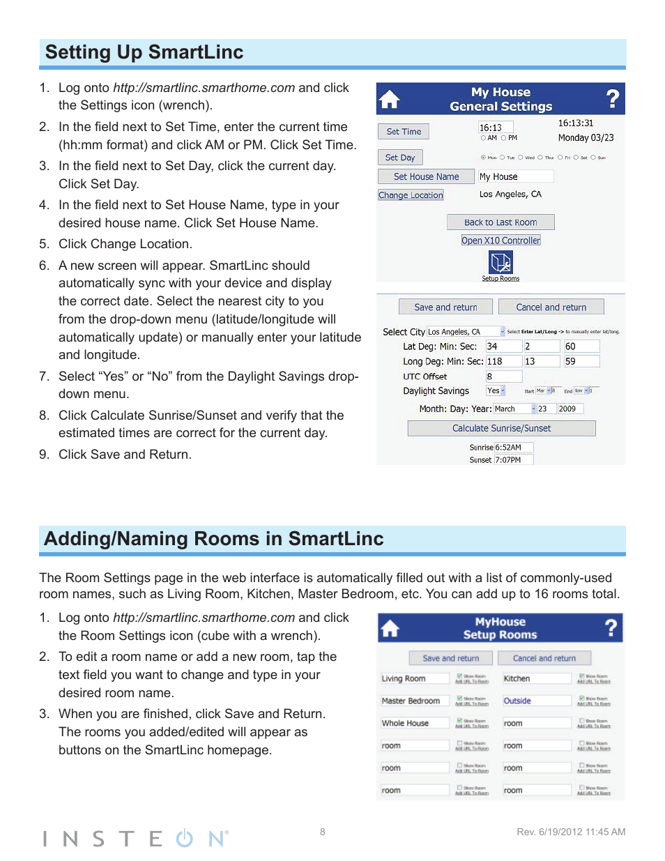 Setting up smartlinc, Adding/naming rooms in smartlinc | INSTEON SmartLinc (2412N) Manual User Manual | Page 8 / 20