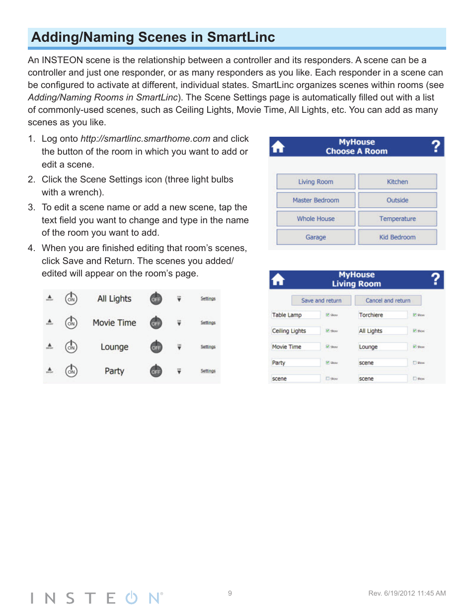 Adding/naming scenes in smartlinc | INSTEON SmartLinc (2412N) Manual User Manual | Page 9 / 20