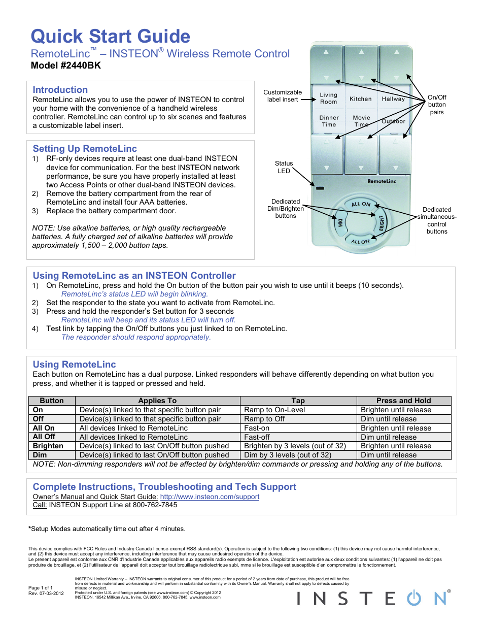 INSTEON RemoteLinc 2440_2440BK Quick Start User Manual | 1 page