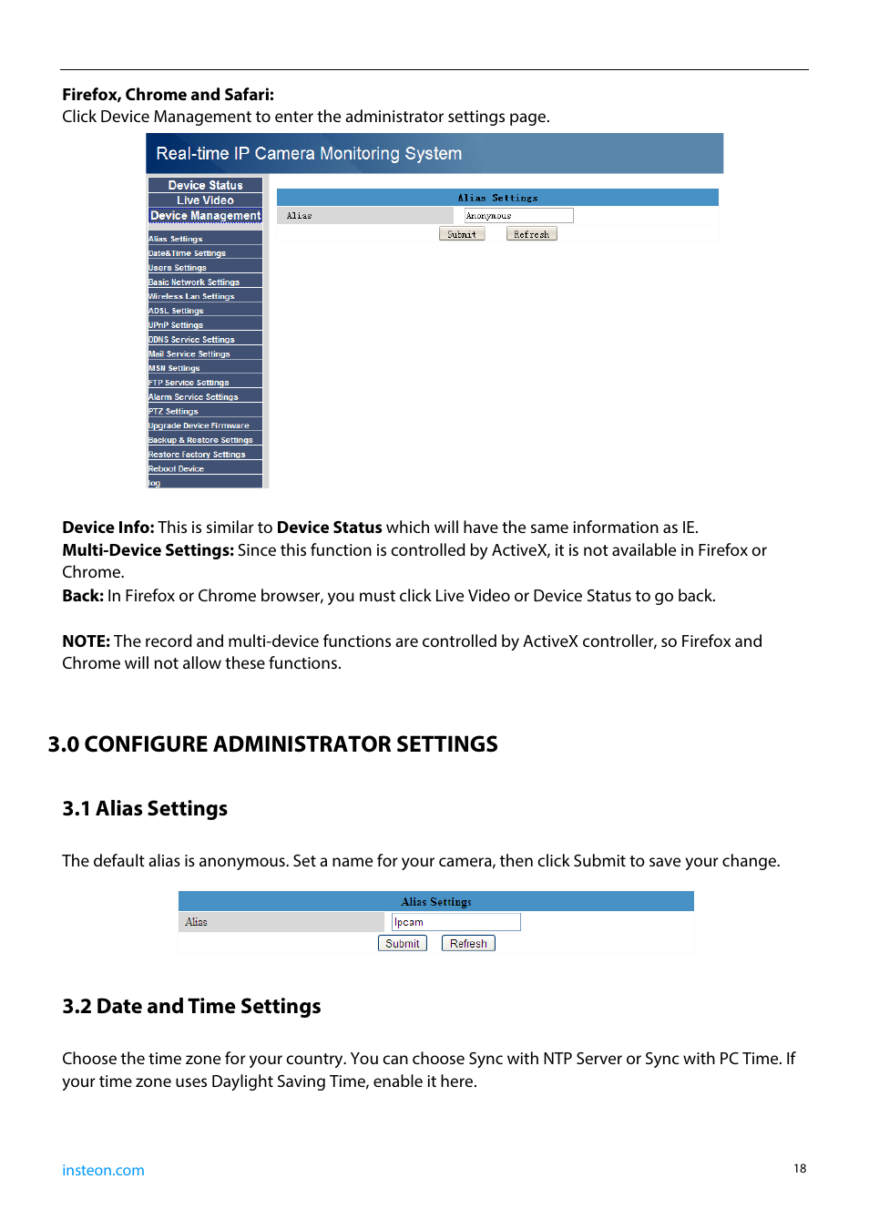 1 alias settings, 2 date and time settings, 0 configure administrator settings | INSTEON 75790, 75790WH Manual User Manual | Page 20 / 46