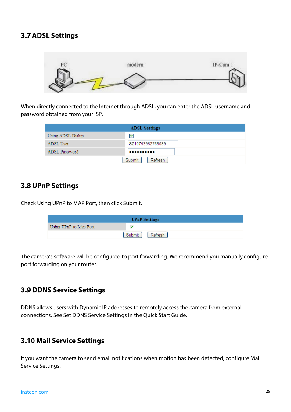 7 adsl settings, 8 upnp settings, 9 ddns service settings | 10 mail service settings | INSTEON 75790, 75790WH Manual User Manual | Page 28 / 46