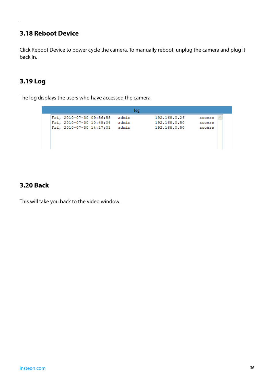 18 reboot device, 19 log, 20 back | INSTEON 75790, 75790WH Manual User Manual | Page 38 / 46