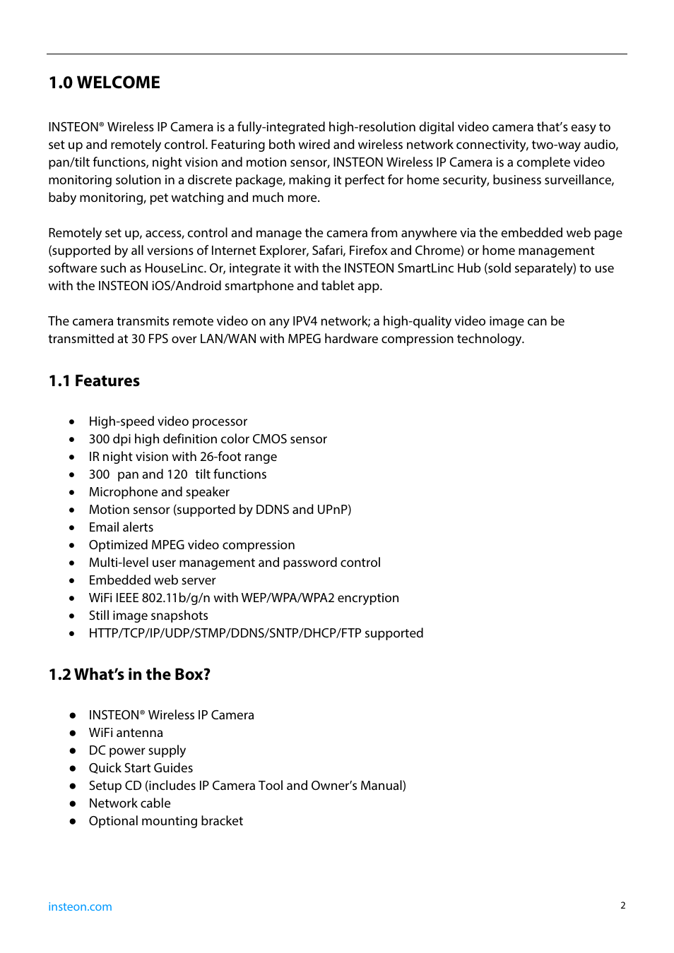 0 welcome, 1 features, 2 what’s in the box | INSTEON 75790, 75790WH Manual User Manual | Page 4 / 46