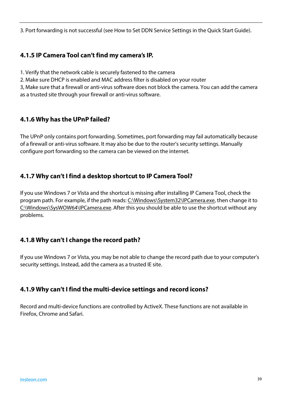 5 ip camera tool can’t find my camera’s ip, 6 why has the upnp failed, 8 why can’t i change the record path | INSTEON 75790, 75790WH Manual User Manual | Page 41 / 46