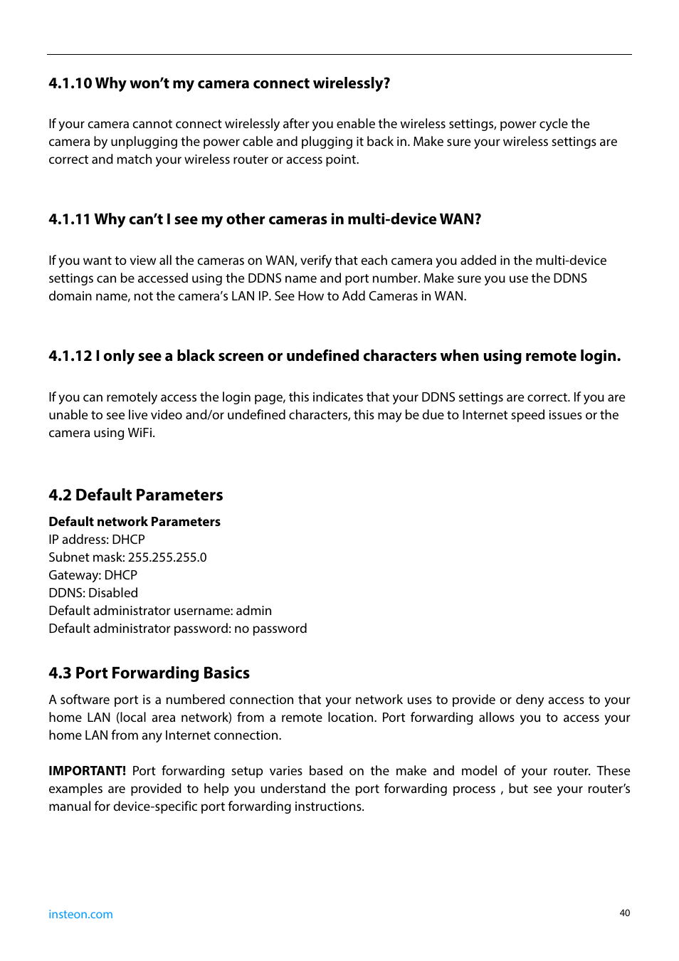 10 why won’t my camera connect wirelessly, 2 default parameters, 3 port forwarding basics | INSTEON 75790, 75790WH Manual User Manual | Page 42 / 46