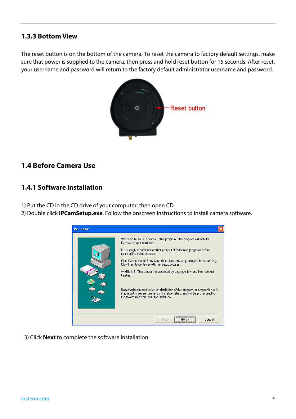 3 bottom view, 4 before camera use, 1 software installation | INSTEON 75790, 75790WH Manual User Manual | Page 6 / 46