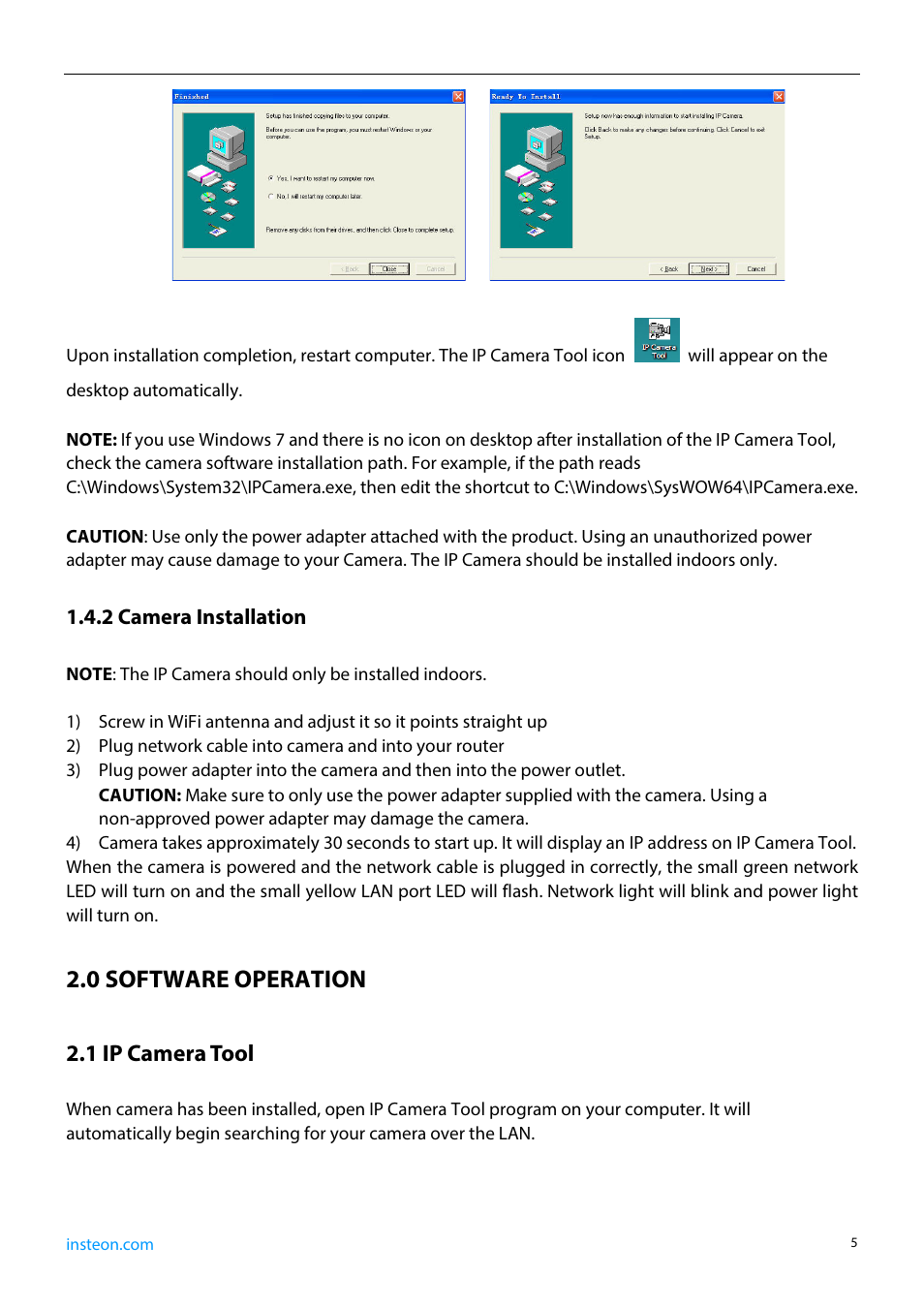 2 camera installation, 0 software operation, 1 ip camera tool | INSTEON 75790, 75790WH Manual User Manual | Page 7 / 46