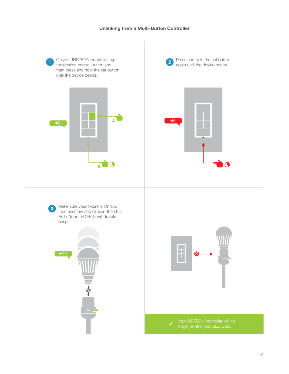 Unlinking from a multi-button controller | INSTEON LED Bulb 2672-222 Manual Rev.1.0-2.9 User Manual | Page 13 / 26