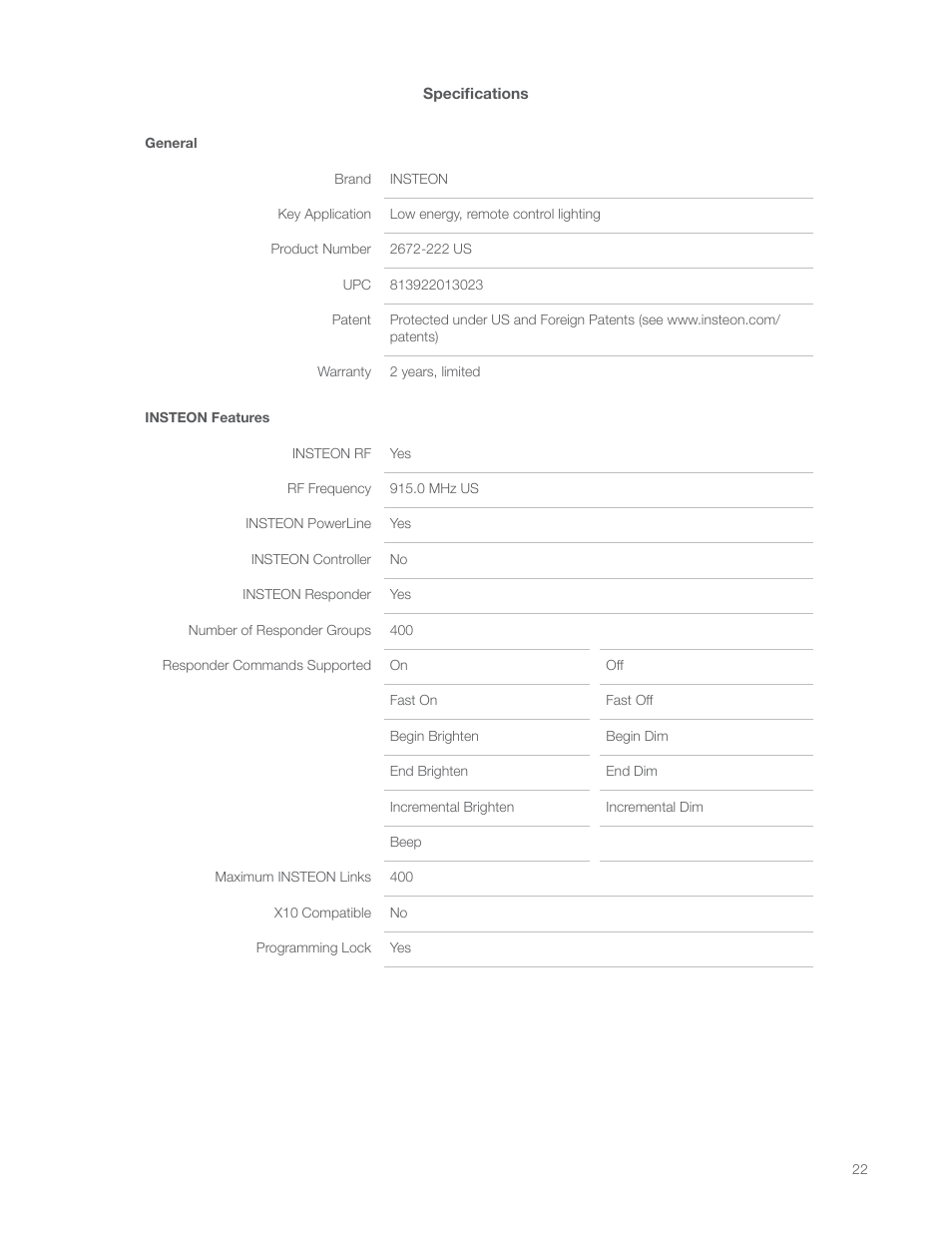 Specifications | INSTEON LED Bulb 2672-222 Manual Rev.1.0-2.9 User Manual | Page 22 / 26