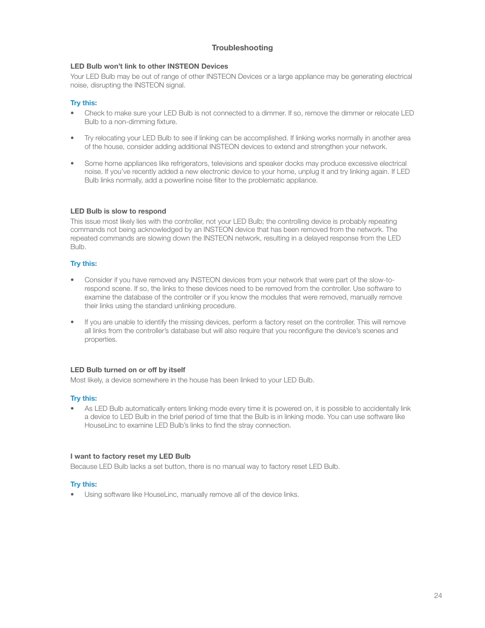 Troubleshooting | INSTEON LED Bulb 2672-222 Manual Rev.1.0-2.9 User Manual | Page 24 / 26