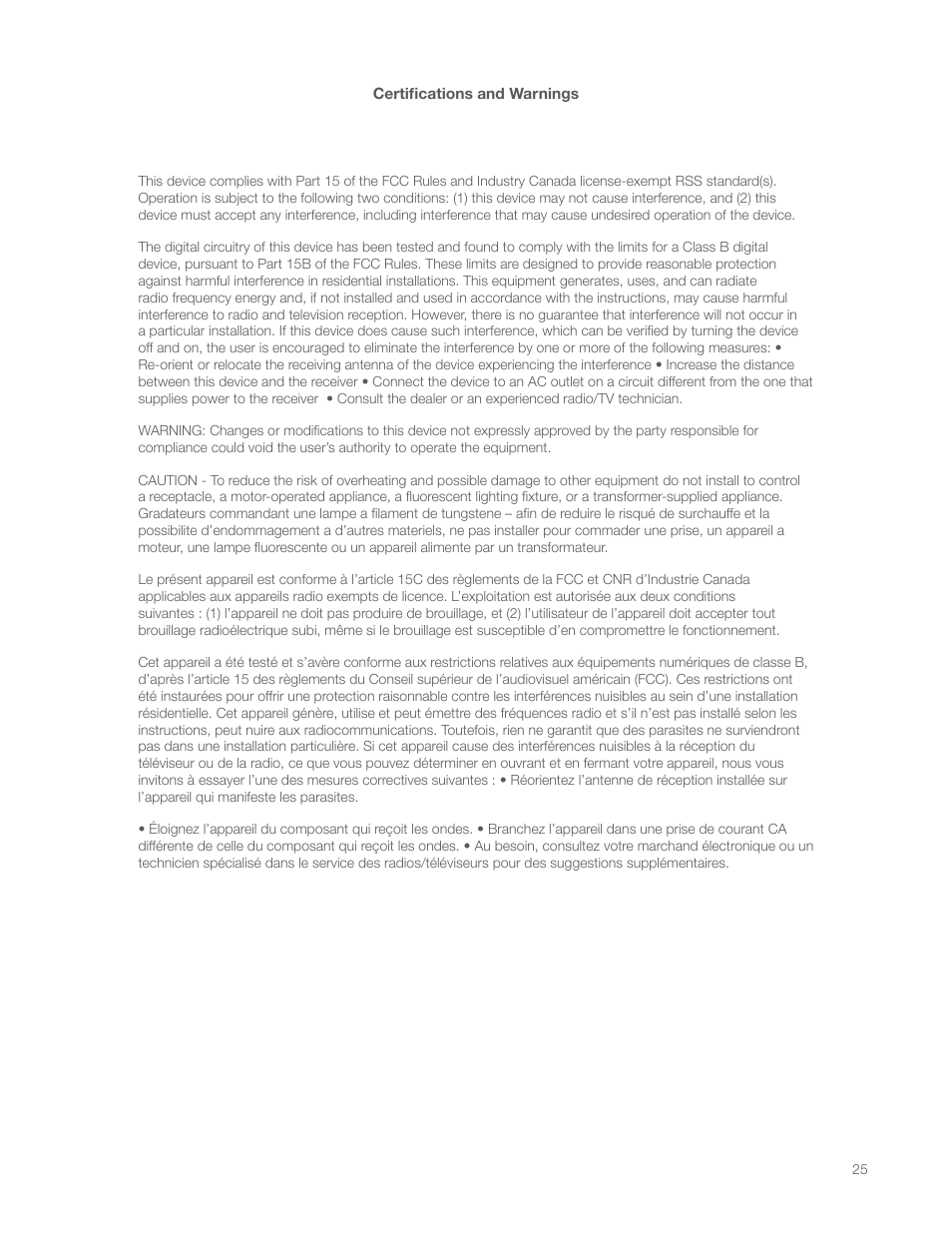 Certifications and warnings | INSTEON LED Bulb 2672-222 Manual Rev.1.0-2.9 User Manual | Page 25 / 26