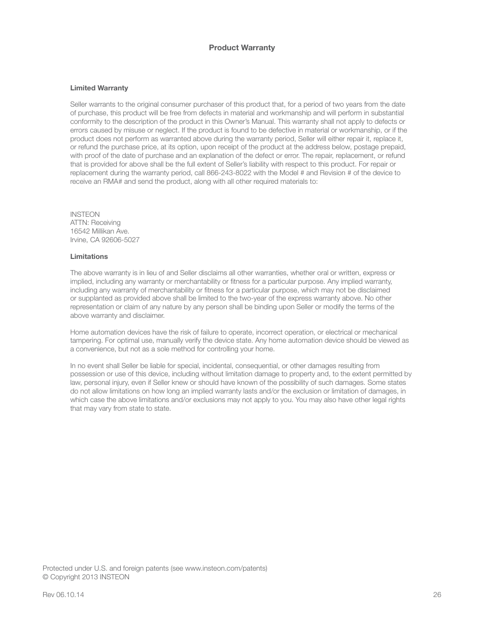 Product warranty | INSTEON LED Bulb 2672-222 Manual Rev.1.0-2.9 User Manual | Page 26 / 26