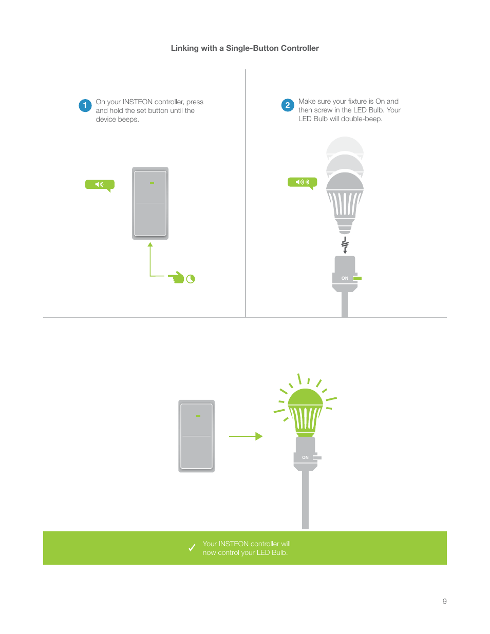 Linking with a single-button controller | INSTEON LED Bulb 2672-222 Manual Rev.3.0 User Manual | Page 9 / 26