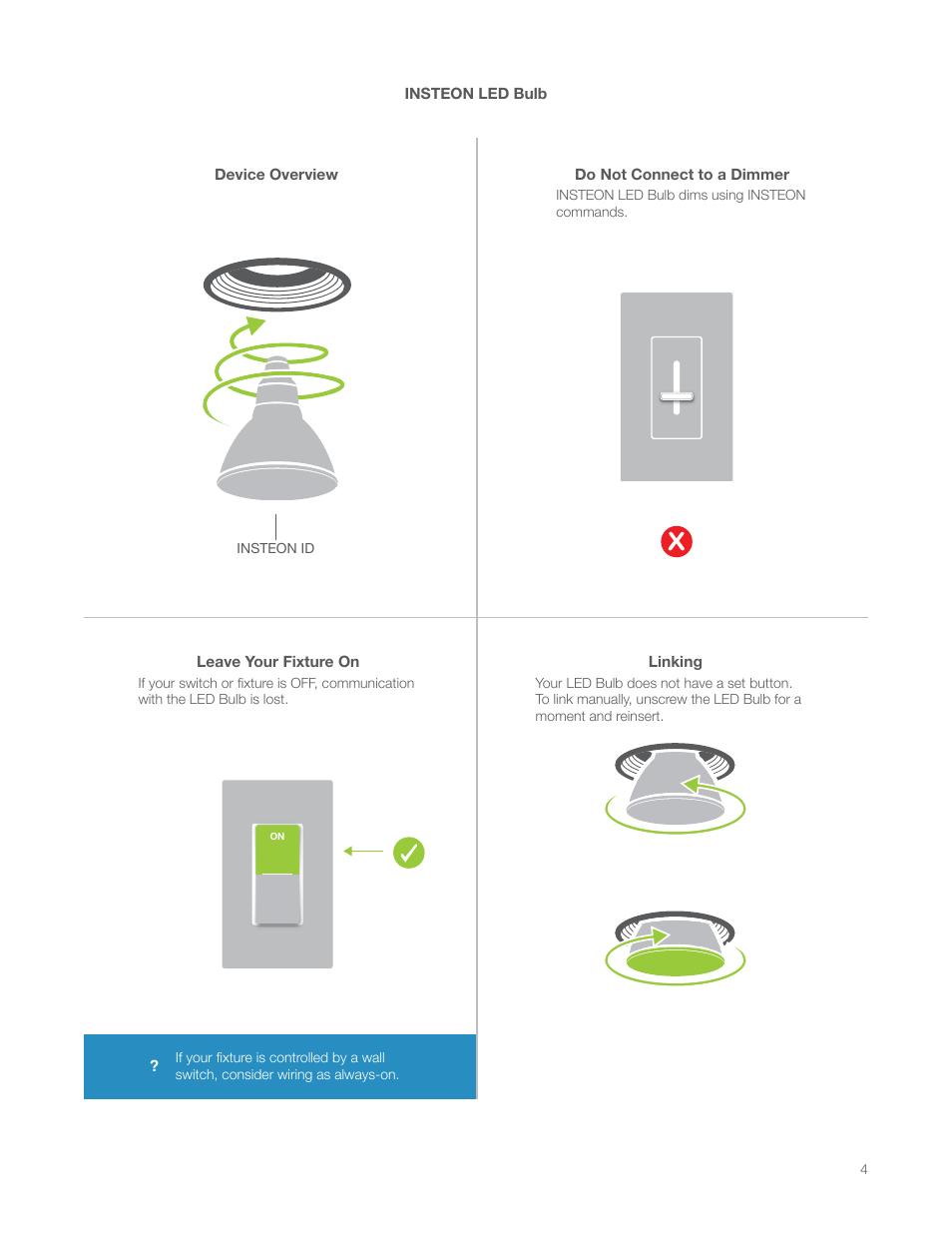 Insteon led bulb, Device overview, Do not connect to a dimmer | Leave your fixture on, Linking | INSTEON LED Bulb (PAR38) 2674-222 Manual User Manual | Page 4 / 26