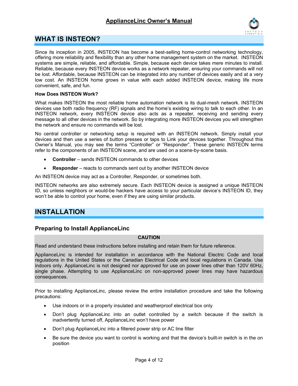 What is insteon, Installation, Preparing to install appliancelinc | INSTEON ApplianceLinc (2456S3) Manual User Manual | Page 4 / 12
