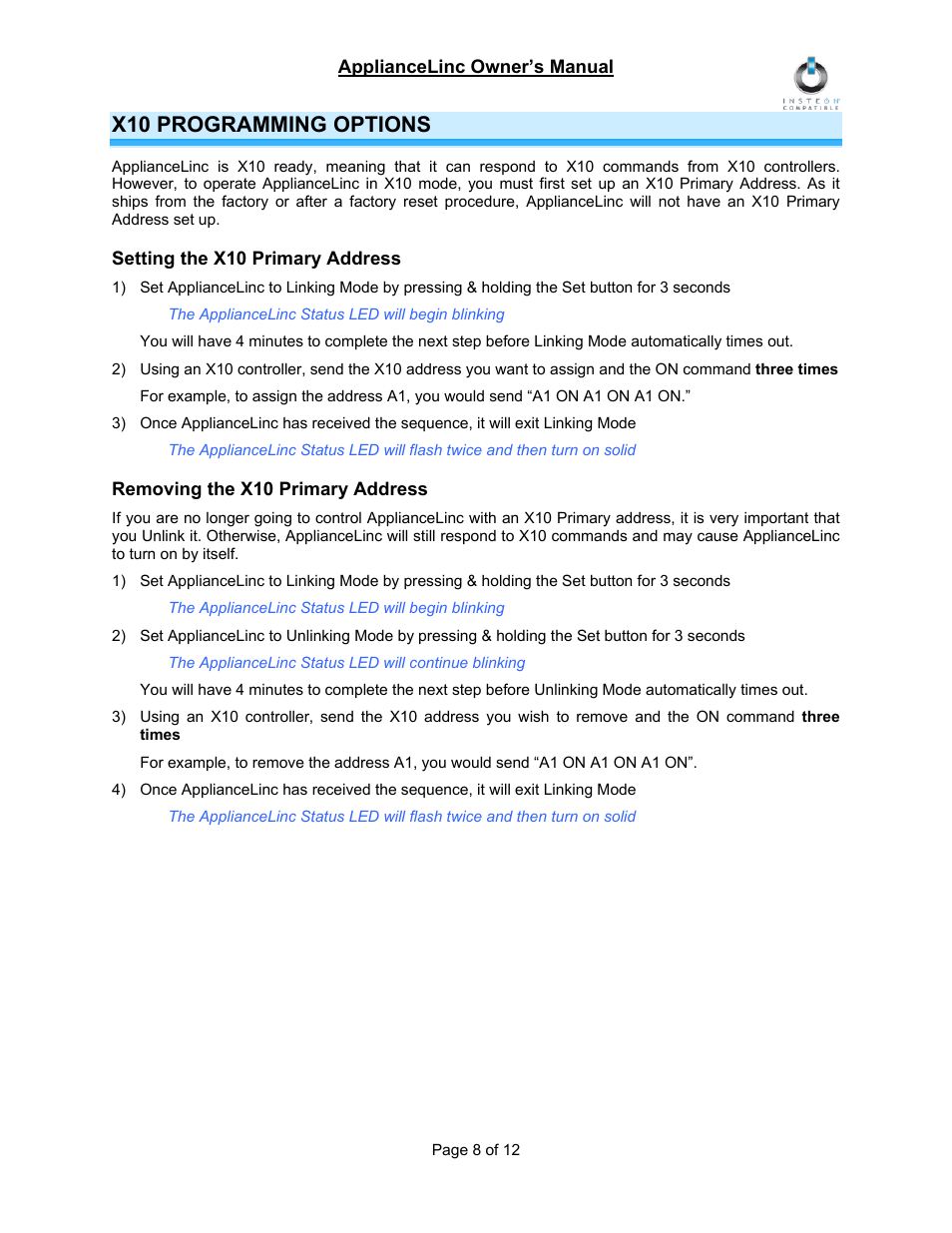 X10 programming options, Setting the x10 primary address, Removing the x10 primary address | INSTEON ApplianceLinc (2456S3) Manual User Manual | Page 8 / 12