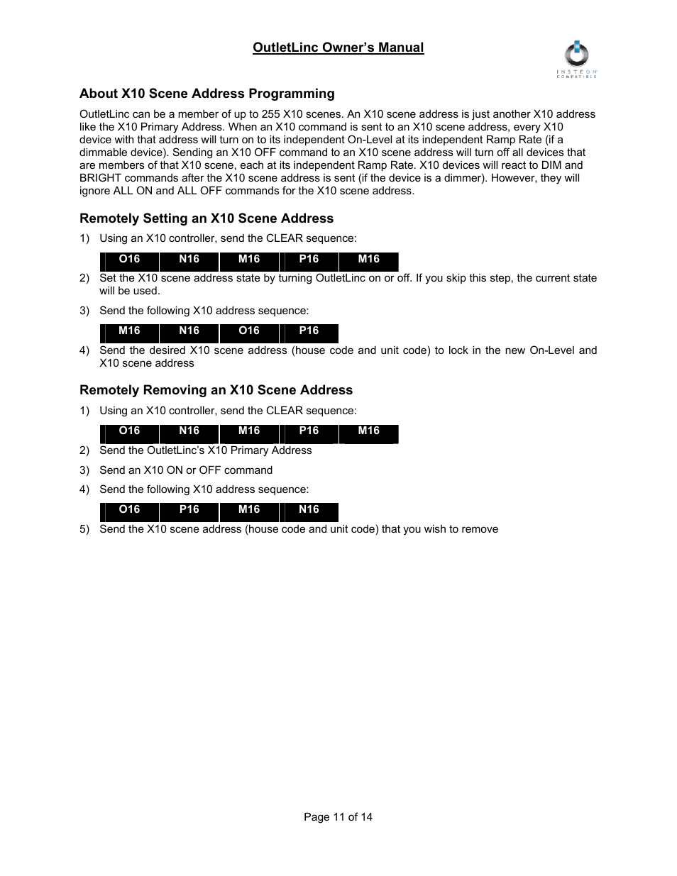 About x10 scene address programming, Remotely setting an x10 scene address, Remotely removing an x10 scene address | INSTEON OutletLinc Relay (2473SWH) Manual User Manual | Page 11 / 14