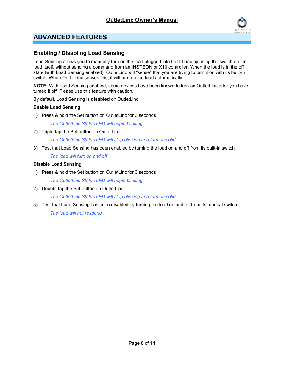 Advanced features, Enabling / disabling load sensing | INSTEON OutletLinc Relay (2473SWH) Manual User Manual | Page 8 / 14