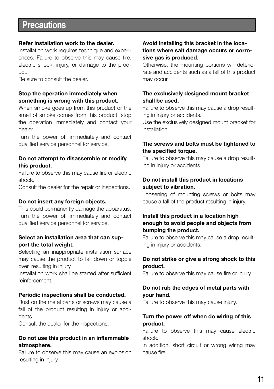 Precautions | Panasonic WV-SF336 User Manual | Page 11 / 44