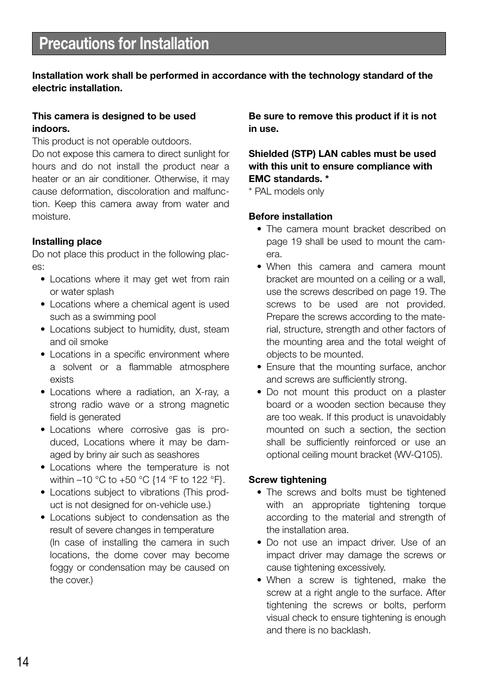 Precautions for installation | Panasonic WV-SF336 User Manual | Page 14 / 44