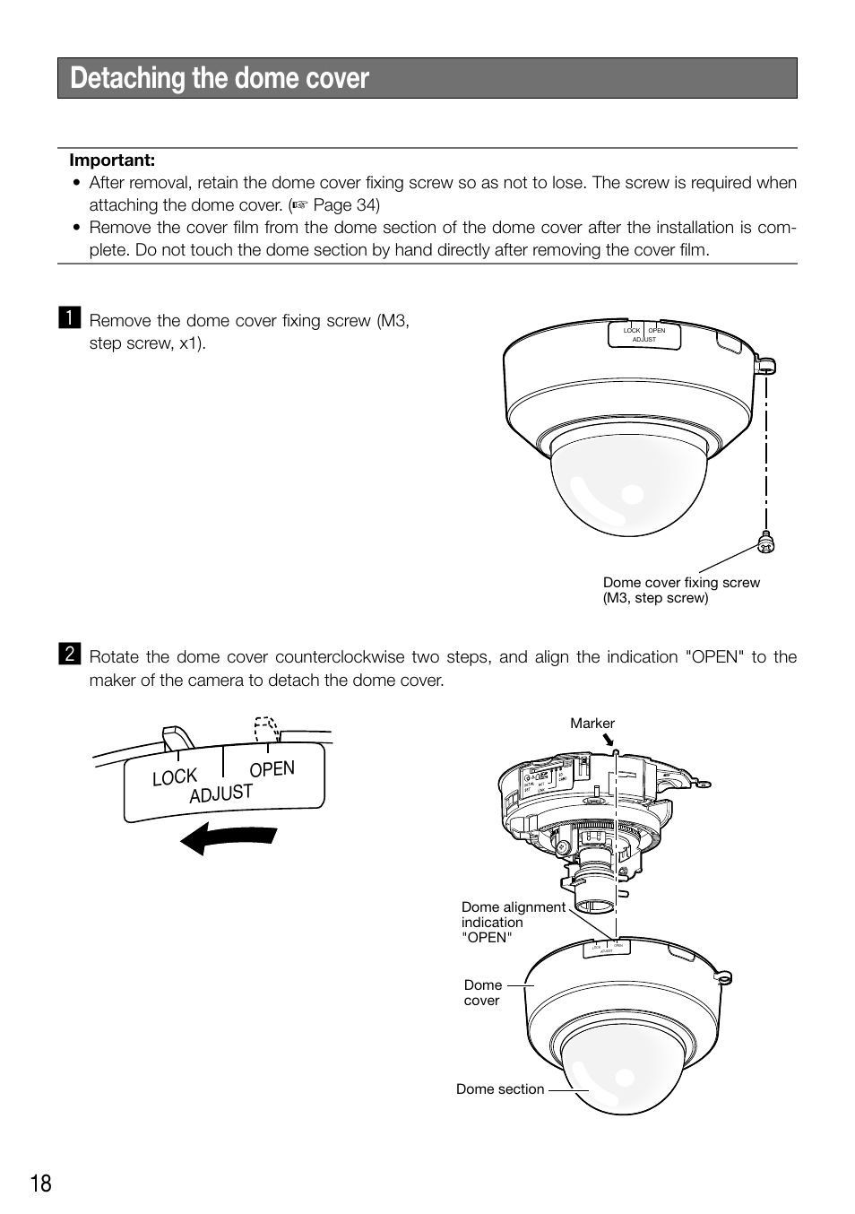 Detaching the dome cover, Adjust open lock | Panasonic WV-SF336 User Manual | Page 18 / 44