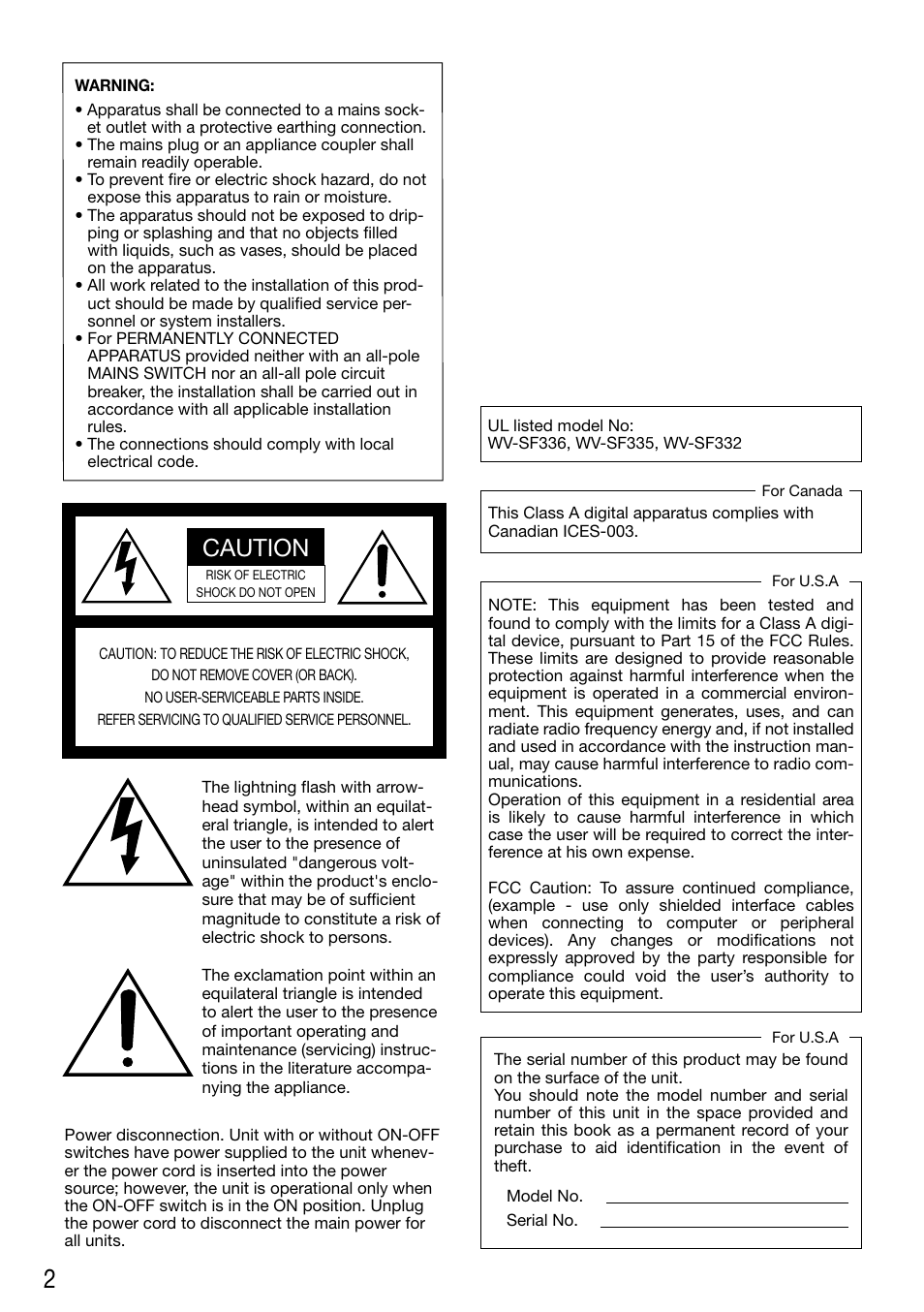 Caution | Panasonic WV-SF336 User Manual | Page 2 / 44