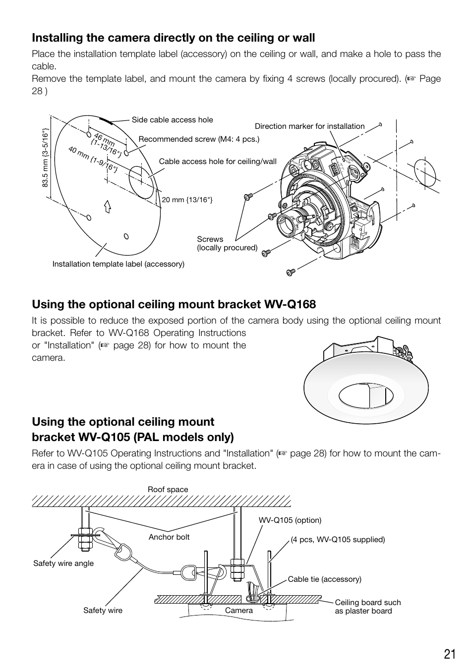 Using the optional ceiling mount bracket wv-q168 | Panasonic WV-SF336 User Manual | Page 21 / 44