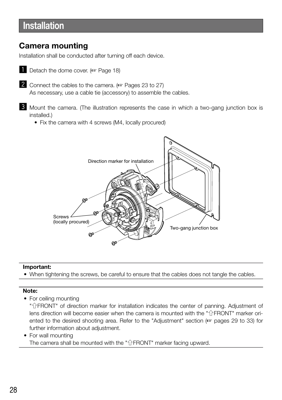 Installation, Camera mounting, Detach the dome cover. (☞ page 18) | Panasonic WV-SF336 User Manual | Page 28 / 44