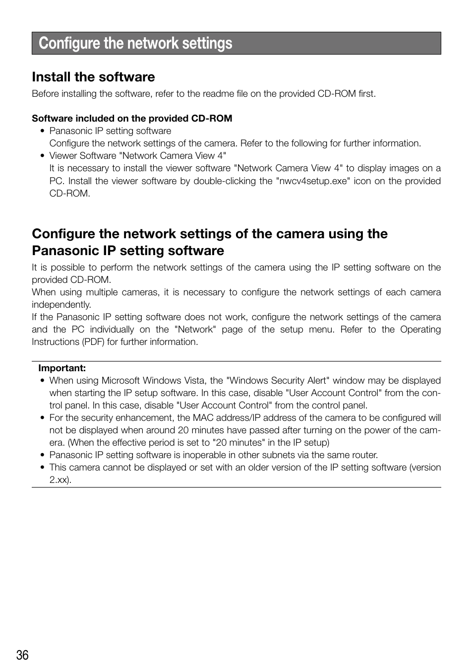 Configure the network settings, Install the software | Panasonic WV-SF336 User Manual | Page 36 / 44